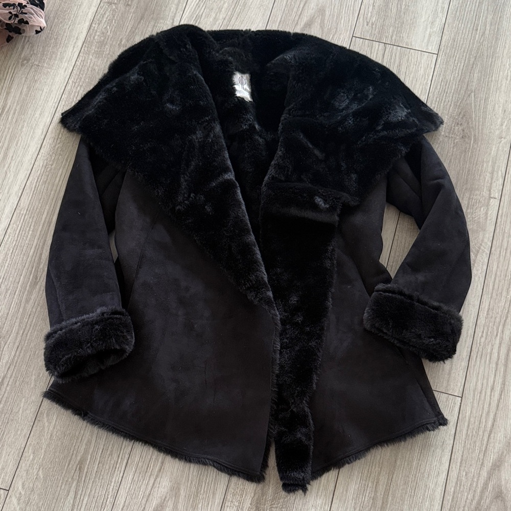 Jennifer Lopez Luxe Faux Fur Suede Coat Black Medium